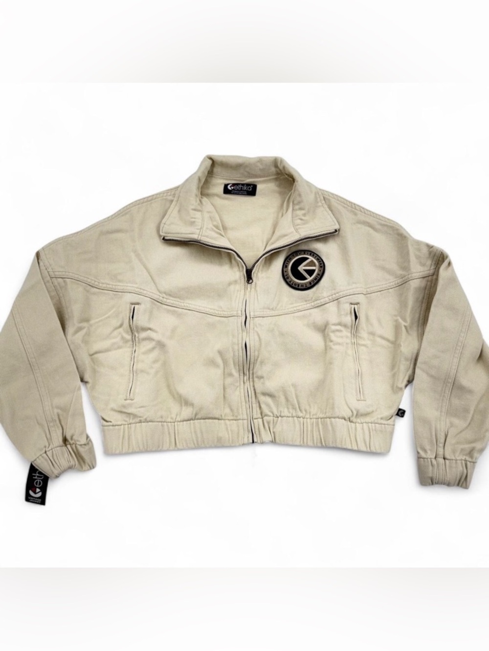 Women’s Ethika Cream Cropped Vintage Embroidered Logo Jean Jacket Size Small